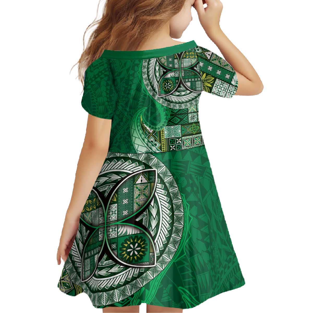 Samoan Siapo Art Tattoo Polynesian Pattern Family Matching Off The Shoulder Long Sleeve Dress and Hawaiian Shirt Green Color LT03 - Polynesian Pride