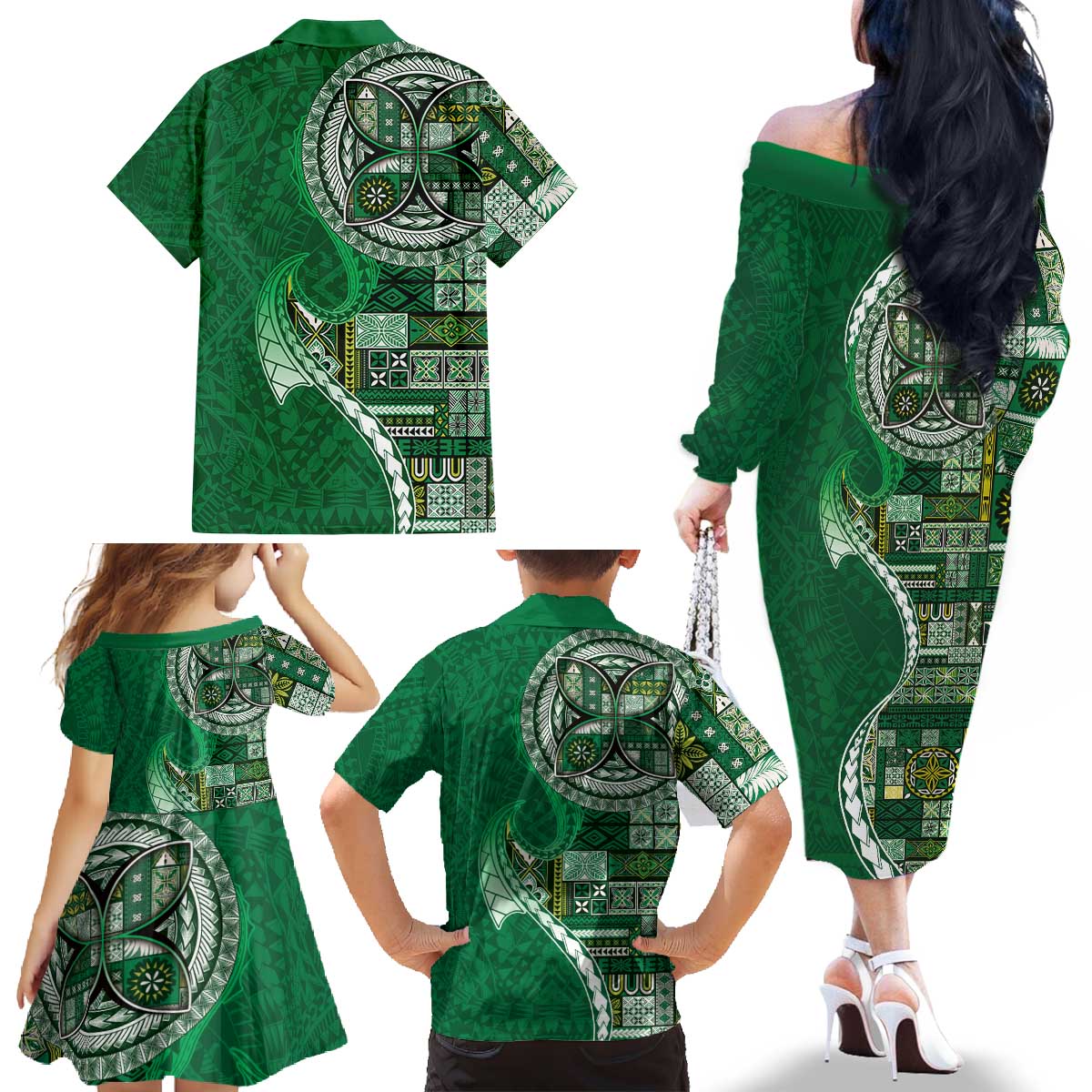 Samoan Siapo Art Tattoo Polynesian Pattern Family Matching Off The Shoulder Long Sleeve Dress and Hawaiian Shirt Green Color LT03 - Polynesian Pride