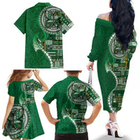 Samoan Siapo Art Tattoo Polynesian Pattern Family Matching Off The Shoulder Long Sleeve Dress and Hawaiian Shirt Green Color LT03 - Polynesian Pride