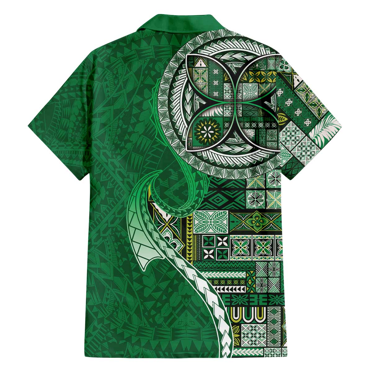 Samoan Siapo Art Tattoo Polynesian Pattern Family Matching Off The Shoulder Long Sleeve Dress and Hawaiian Shirt Green Color LT03 - Polynesian Pride