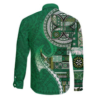 Samoan Siapo Art Tattoo Polynesian Pattern Family Matching Off The Shoulder Long Sleeve Dress and Hawaiian Shirt Green Color LT03 - Polynesian Pride