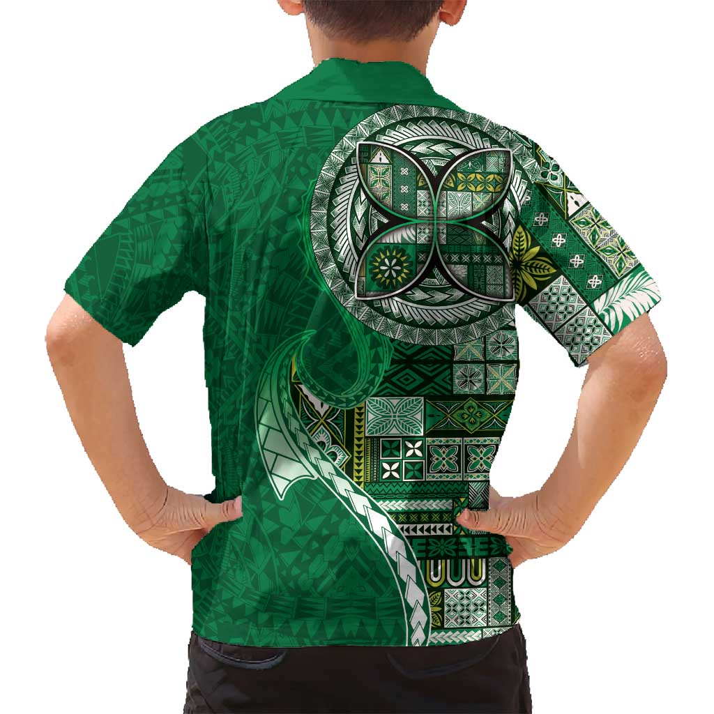 Samoan Siapo Art Tattoo Polynesian Pattern Family Matching Off Shoulder Maxi Dress and Hawaiian Shirt Green Color LT03 - Polynesian Pride
