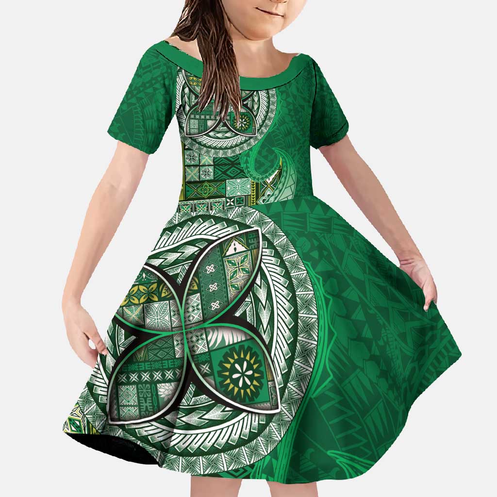 Samoan Siapo Art Tattoo Polynesian Pattern Family Matching Off Shoulder Maxi Dress and Hawaiian Shirt Green Color LT03 Daughter's Dress Green - Polynesian Pride