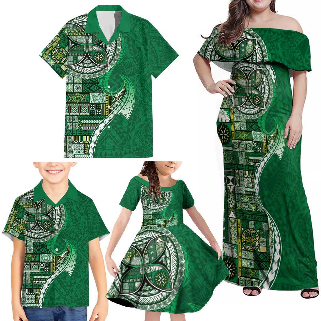 Samoan Siapo Art Tattoo Polynesian Pattern Family Matching Off Shoulder Maxi Dress and Hawaiian Shirt Green Color LT03 - Polynesian Pride