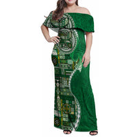 Samoan Siapo Art Tattoo Polynesian Pattern Family Matching Off Shoulder Maxi Dress and Hawaiian Shirt Green Color LT03 Mom's Dress Green - Polynesian Pride