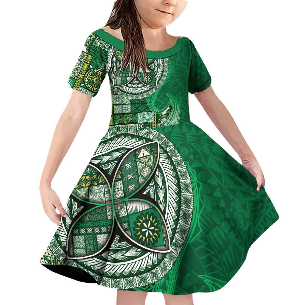 Samoan Siapo Art Tattoo Polynesian Pattern Family Matching Off Shoulder Short Dress and Hawaiian Shirt Green Color LT03 Daughter's Dress Green - Polynesian Pride