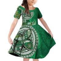 Samoan Siapo Art Tattoo Polynesian Pattern Family Matching Off Shoulder Short Dress and Hawaiian Shirt Green Color LT03 Daughter's Dress Green - Polynesian Pride