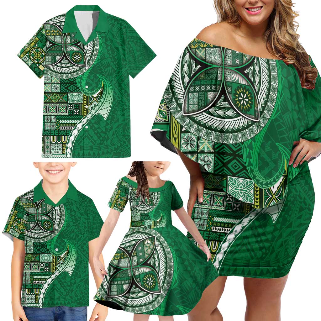 Samoan Siapo Art Tattoo Polynesian Pattern Family Matching Off Shoulder Short Dress and Hawaiian Shirt Green Color LT03 - Polynesian Pride