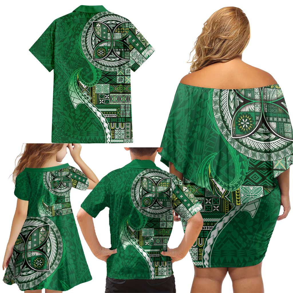 Samoan Siapo Art Tattoo Polynesian Pattern Family Matching Off Shoulder Short Dress and Hawaiian Shirt Green Color LT03 - Polynesian Pride