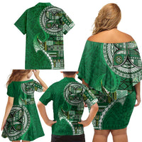 Samoan Siapo Art Tattoo Polynesian Pattern Family Matching Off Shoulder Short Dress and Hawaiian Shirt Green Color LT03 - Polynesian Pride