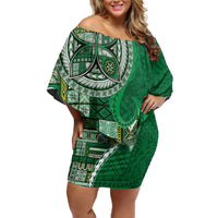 Samoan Siapo Art Tattoo Polynesian Pattern Family Matching Off Shoulder Short Dress and Hawaiian Shirt Green Color LT03 Mom's Dress Green - Polynesian Pride