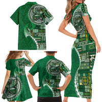 Samoan Siapo Art Tattoo Polynesian Pattern Family Matching Short Sleeve Bodycon Dress and Hawaiian Shirt Green Color LT03 - Polynesian Pride