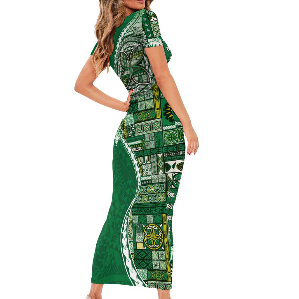 Samoan Siapo Art Tattoo Polynesian Pattern Family Matching Short Sleeve Bodycon Dress and Hawaiian Shirt Green Color LT03 - Polynesian Pride