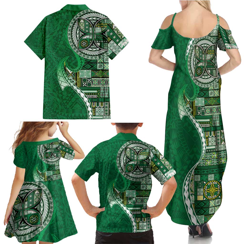 Samoan Siapo Art Tattoo Polynesian Pattern Family Matching Summer Maxi Dress and Hawaiian Shirt Green Color LT03 - Polynesian Pride