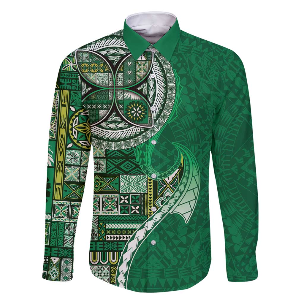 Samoan Siapo Art Tattoo Polynesian Pattern Family Matching Summer Maxi Dress and Hawaiian Shirt Green Color LT03 Dad's Shirt - Long Sleeve Green - Polynesian Pride