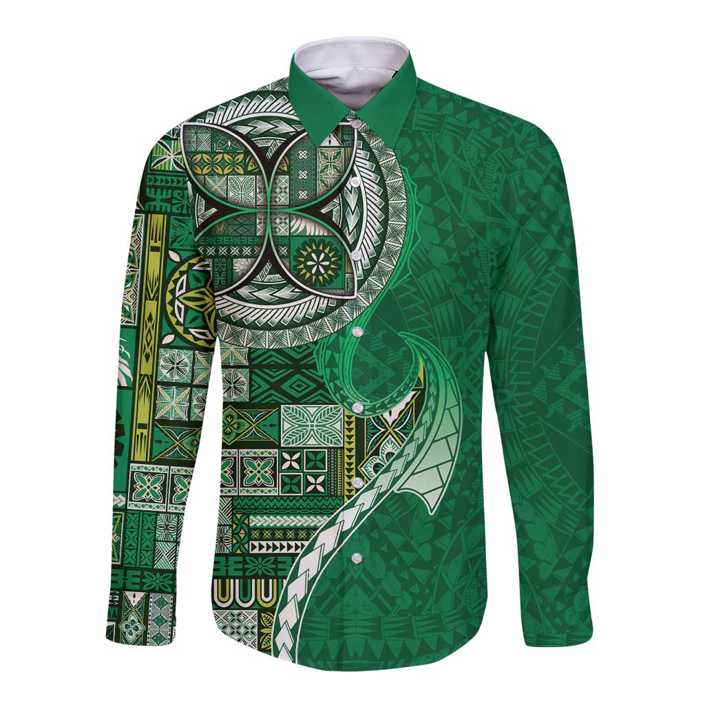 Samoan Siapo Art Tattoo Polynesian Pattern Long Sleeve Button Shirt Green Color - Polynesian Pride