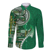 Samoan Siapo Art Tattoo Polynesian Pattern Long Sleeve Button Shirt Green Color - Polynesian Pride