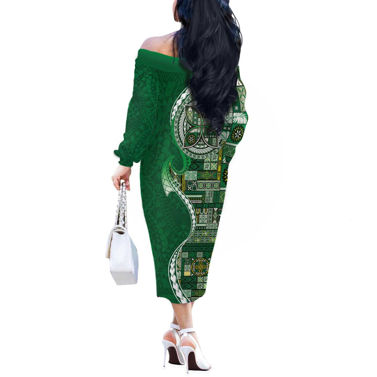 Samoan Siapo Art Tattoo Polynesian Pattern Off The Shoulder Long Sleeve Dress Green Color - Polynesian Pride