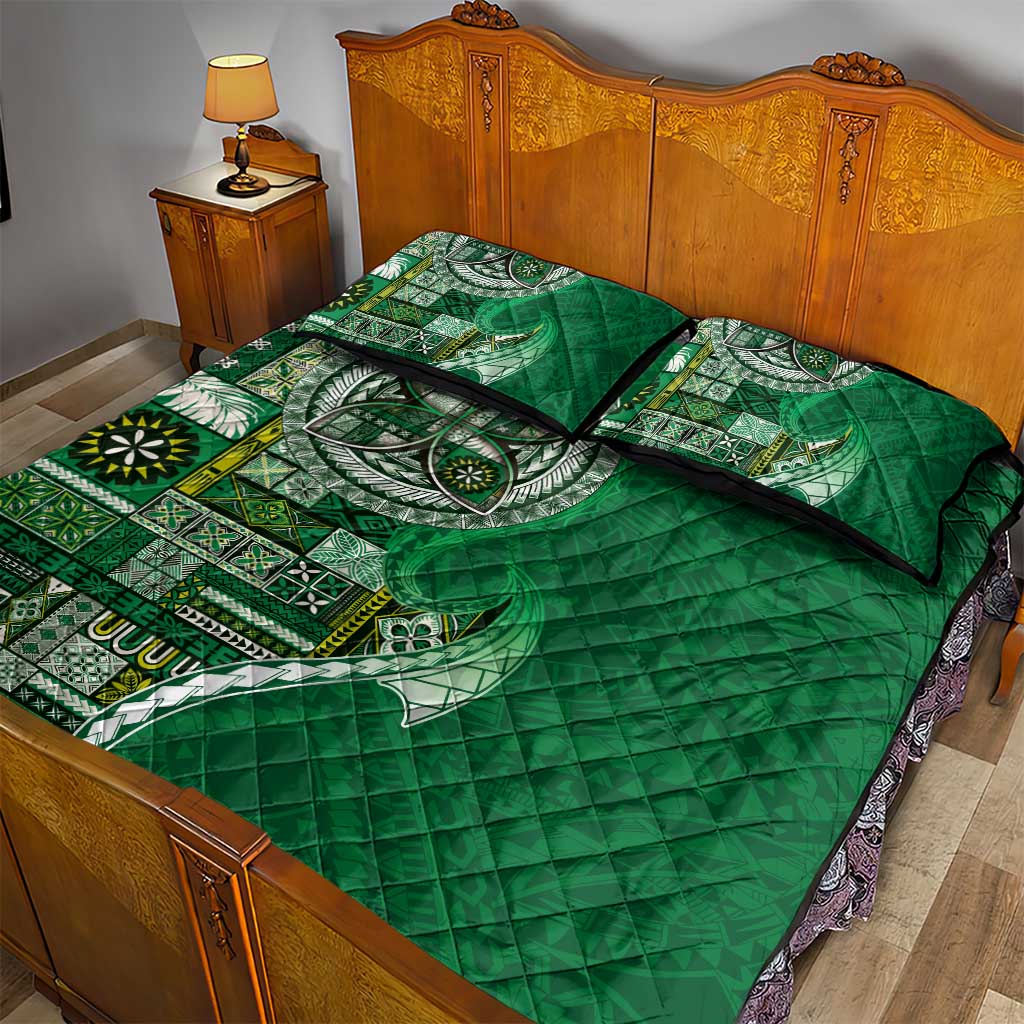 Samoan Siapo Art Tattoo Polynesian Pattern Quilt Bed Set Green Color - Polynesian Pride