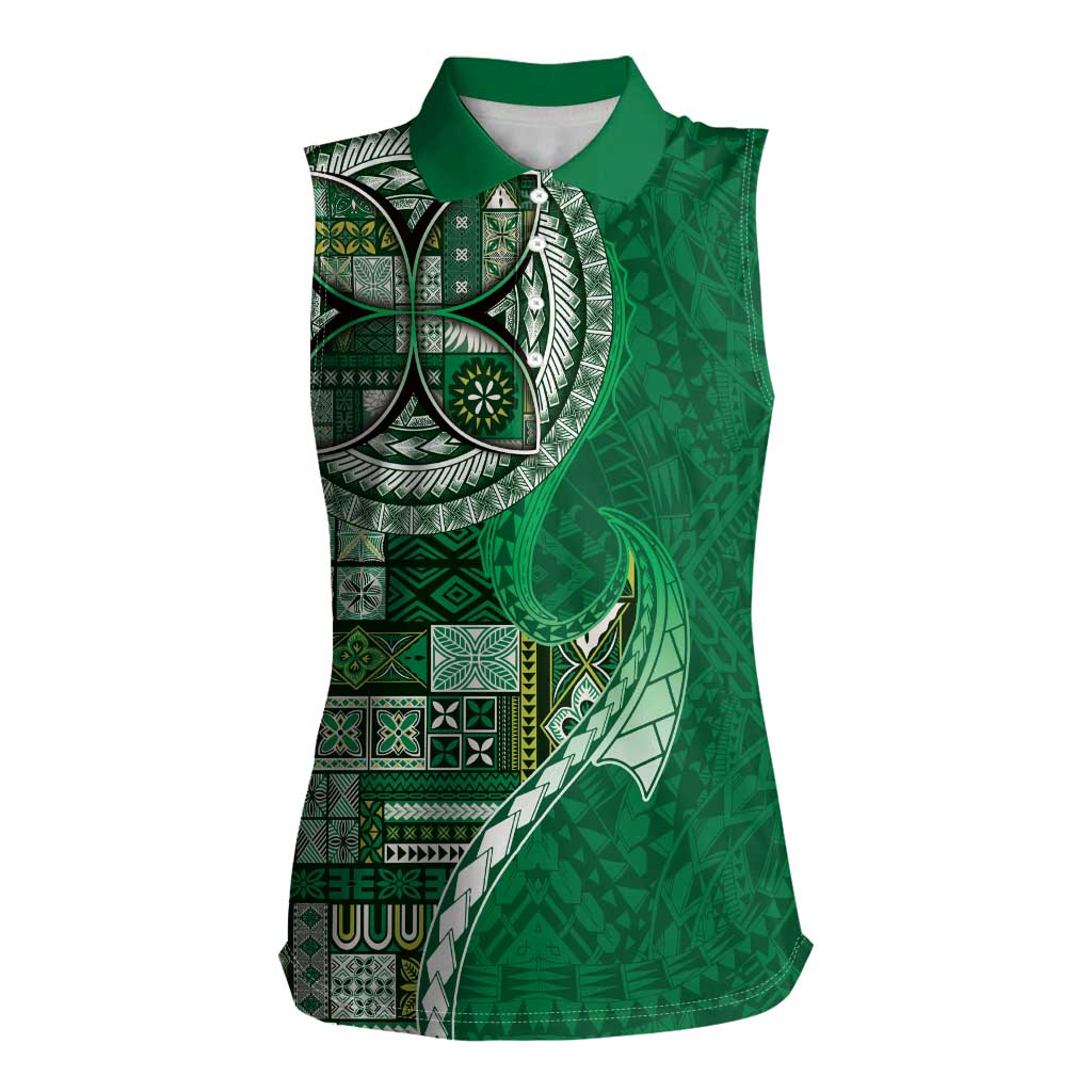 Samoan Siapo Art Tattoo Polynesian Pattern Women Sleeveless Polo Shirt Green Color - Polynesian Pride