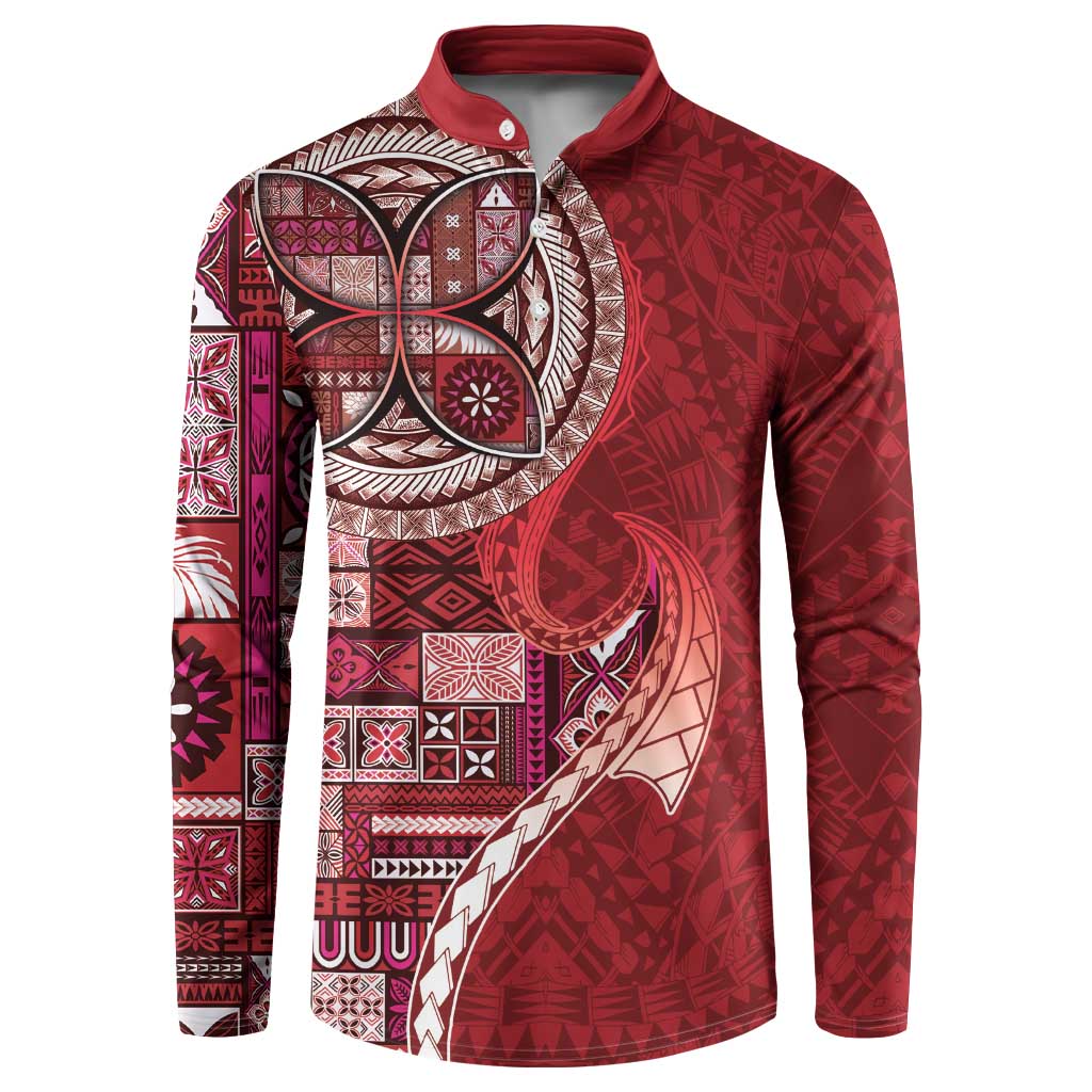 Samoan Siapo Art Tattoo Polynesian Pattern Button Sweatshirt Red Color - Polynesian Pride