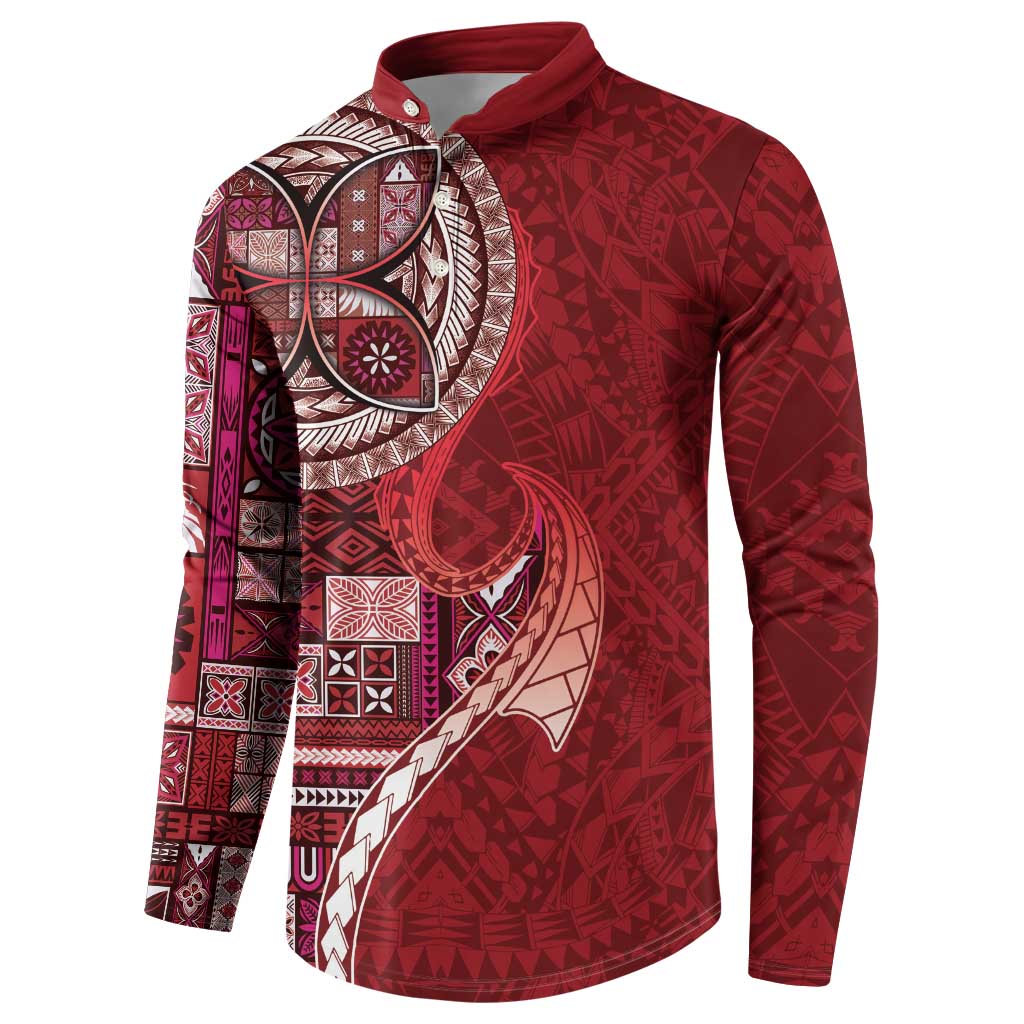 Samoan Siapo Art Tattoo Polynesian Pattern Button Sweatshirt Red Color - Polynesian Pride