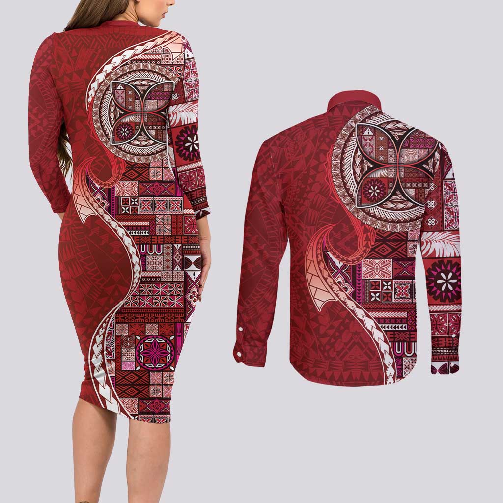 Samoan Siapo Art Tattoo Polynesian Pattern Couples Matching Long Sleeve Bodycon Dress and Long Sleeve Button Shirt Red Color - Polynesian Pride