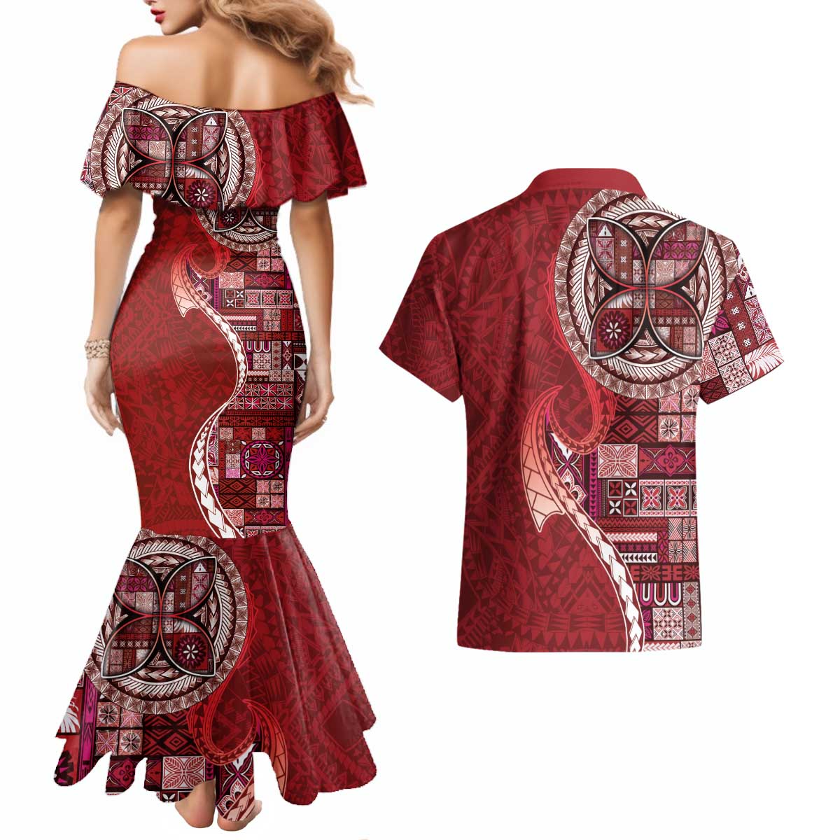 Samoan Siapo Art Tattoo Polynesian Pattern Couples Matching Mermaid Dress and Hawaiian Shirt Red Color - Polynesian Pride