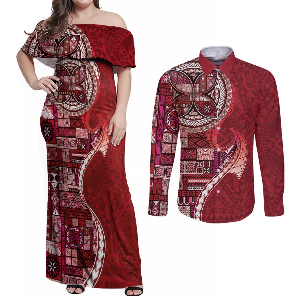 Samoan Siapo Art Tattoo Polynesian Pattern Couples Matching Off Shoulder Maxi Dress and Long Sleeve Button Shirt Red Color - Polynesian Pride