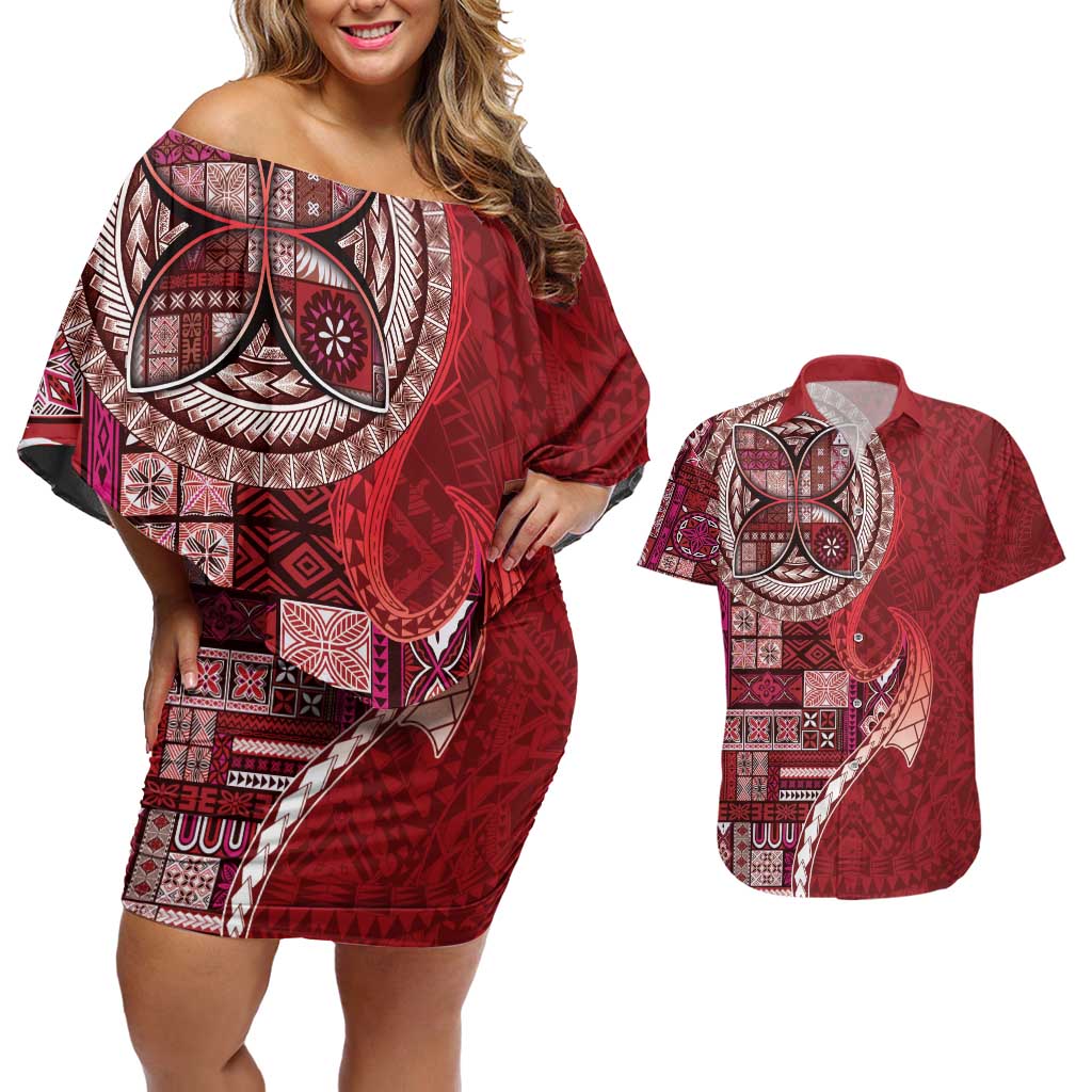 Samoan Siapo Art Tattoo Polynesian Pattern Couples Matching Off Shoulder Short Dress and Hawaiian Shirt Red Color - Polynesian Pride