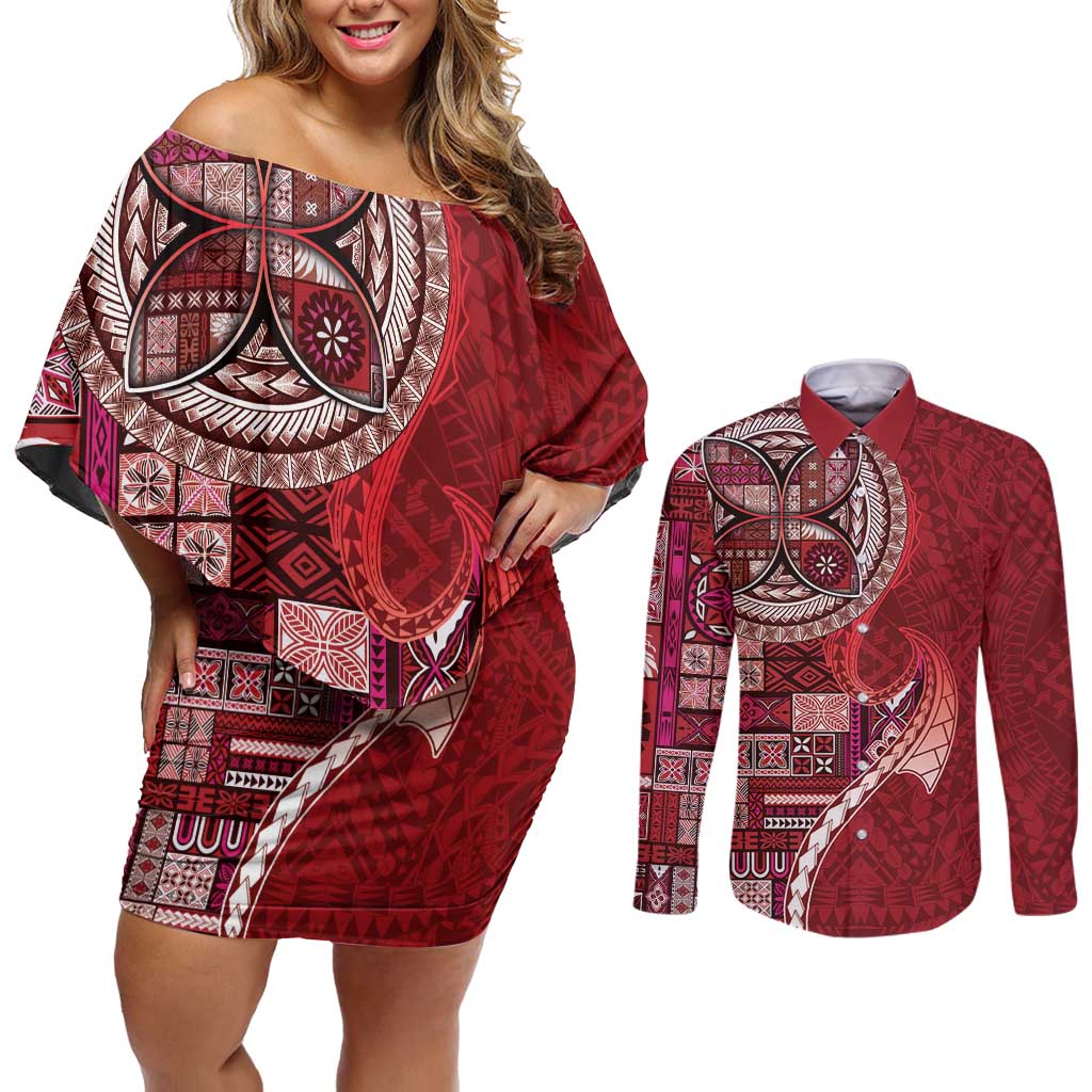 Samoan Siapo Art Tattoo Polynesian Pattern Couples Matching Off Shoulder Short Dress and Long Sleeve Button Shirt Red Color - Polynesian Pride