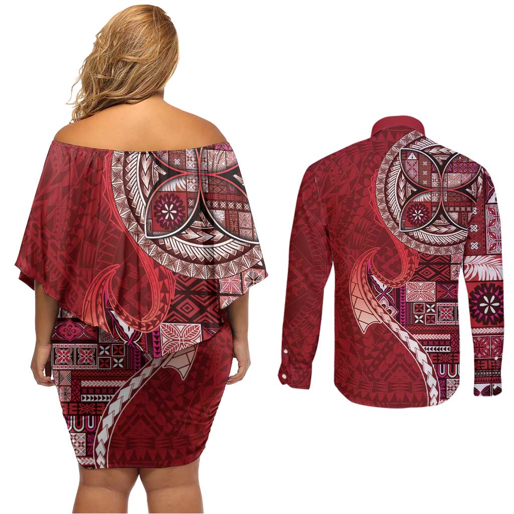 Samoan Siapo Art Tattoo Polynesian Pattern Couples Matching Off Shoulder Short Dress and Long Sleeve Button Shirt Red Color - Polynesian Pride