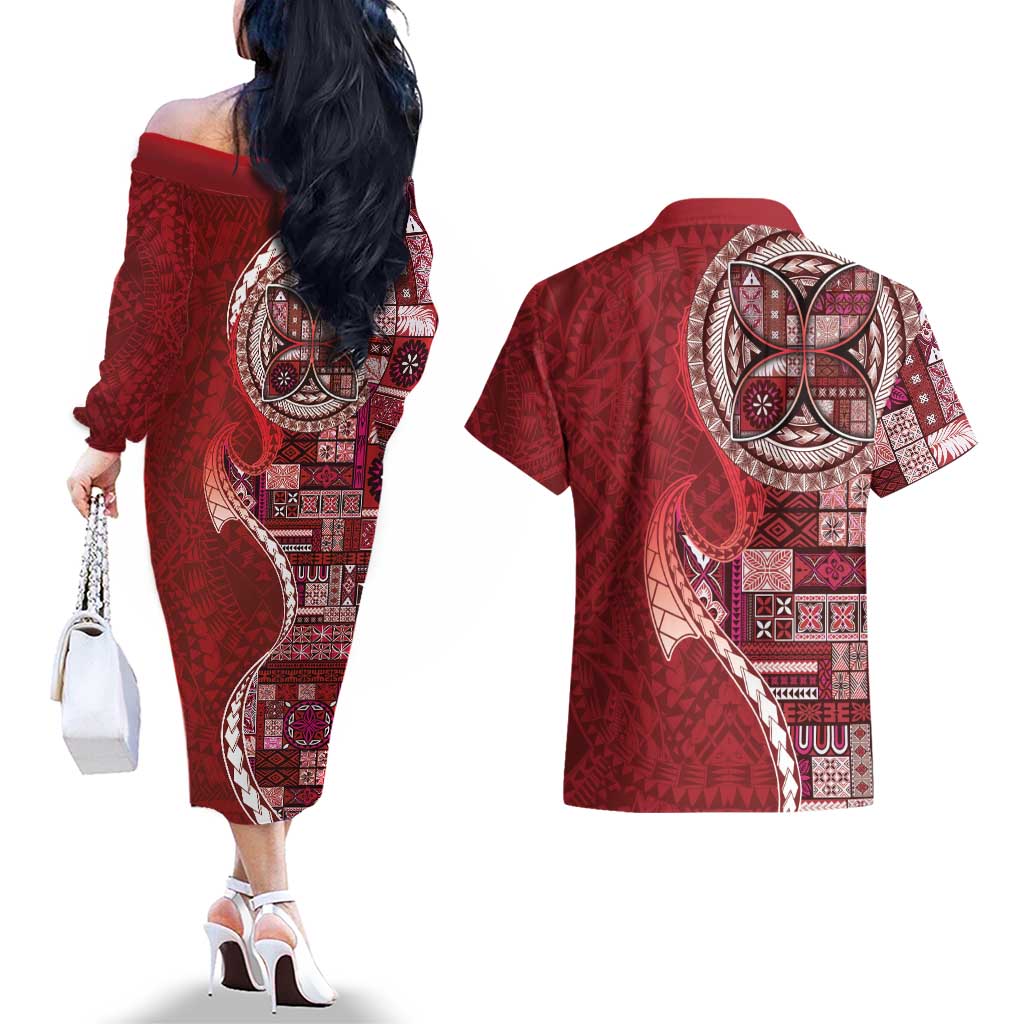 Samoan Siapo Art Tattoo Polynesian Pattern Couples Matching Off The Shoulder Long Sleeve Dress and Hawaiian Shirt Red Color - Polynesian Pride
