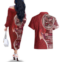 Samoan Siapo Art Tattoo Polynesian Pattern Couples Matching Off The Shoulder Long Sleeve Dress and Hawaiian Shirt Red Color - Polynesian Pride