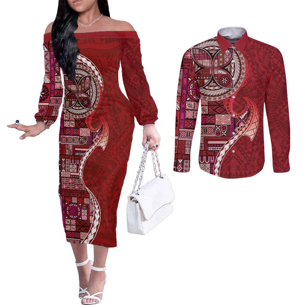 Samoan Siapo Art Tattoo Polynesian Pattern Couples Matching Off The Shoulder Long Sleeve Dress and Long Sleeve Button Shirt Red Color - Polynesian Pride