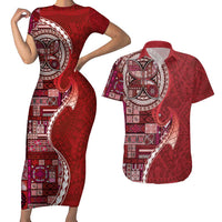 Samoan Siapo Art Tattoo Polynesian Pattern Couples Matching Short Sleeve Bodycon Dress and Hawaiian Shirt Red Color - Polynesian Pride