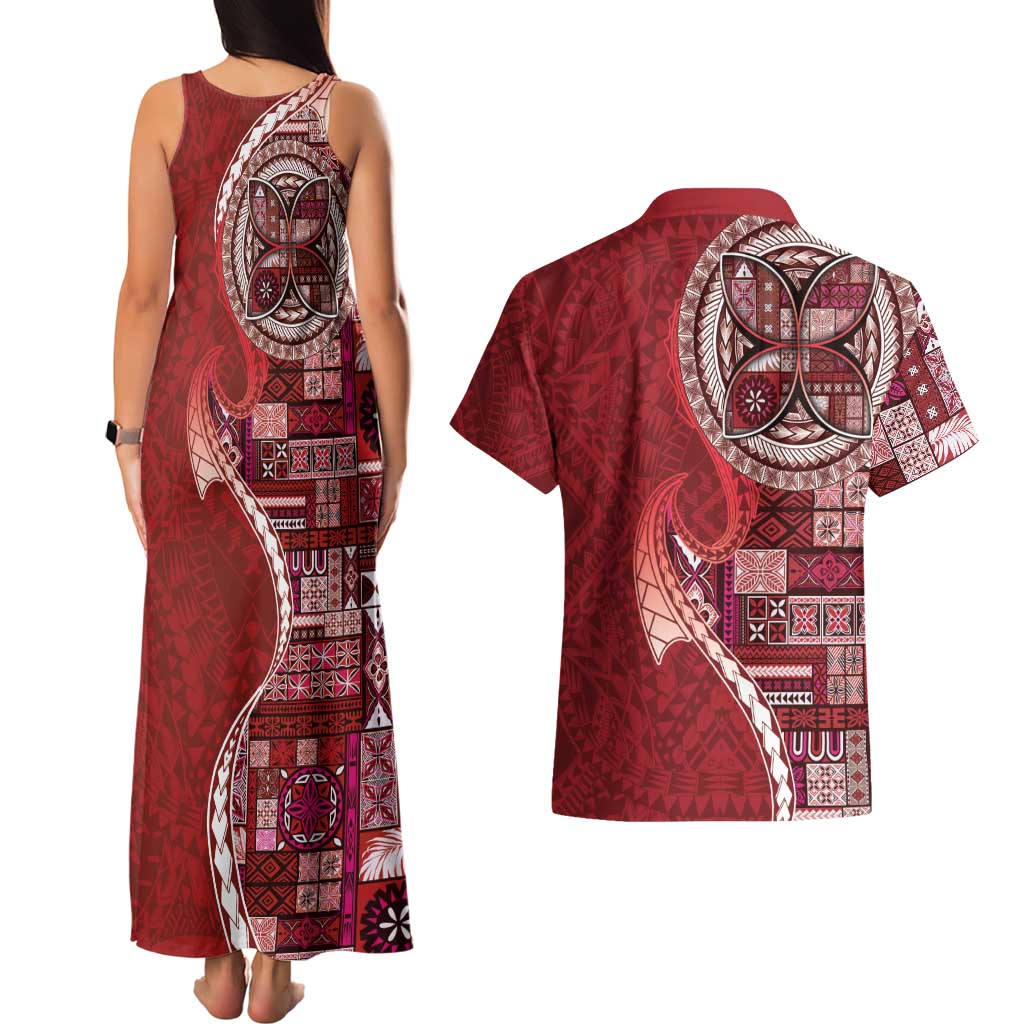 Samoan Siapo Art Tattoo Polynesian Pattern Couples Matching Tank Maxi Dress and Hawaiian Shirt Red Color - Polynesian Pride