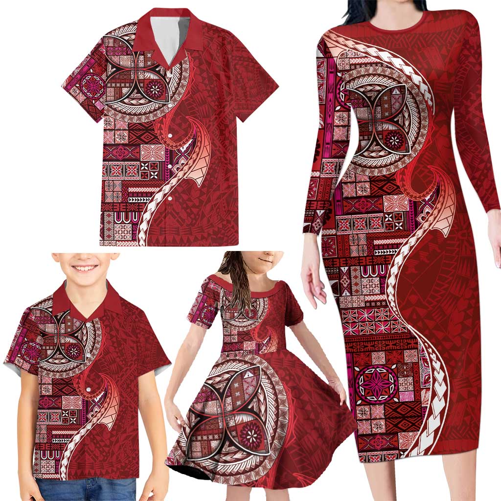 Samoan Siapo Art Tattoo Polynesian Pattern Family Matching Long Sleeve Bodycon Dress and Hawaiian Shirt Red Color LT03 - Polynesian Pride
