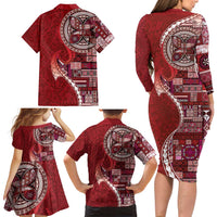 Samoan Siapo Art Tattoo Polynesian Pattern Family Matching Long Sleeve Bodycon Dress and Hawaiian Shirt Red Color LT03 - Polynesian Pride