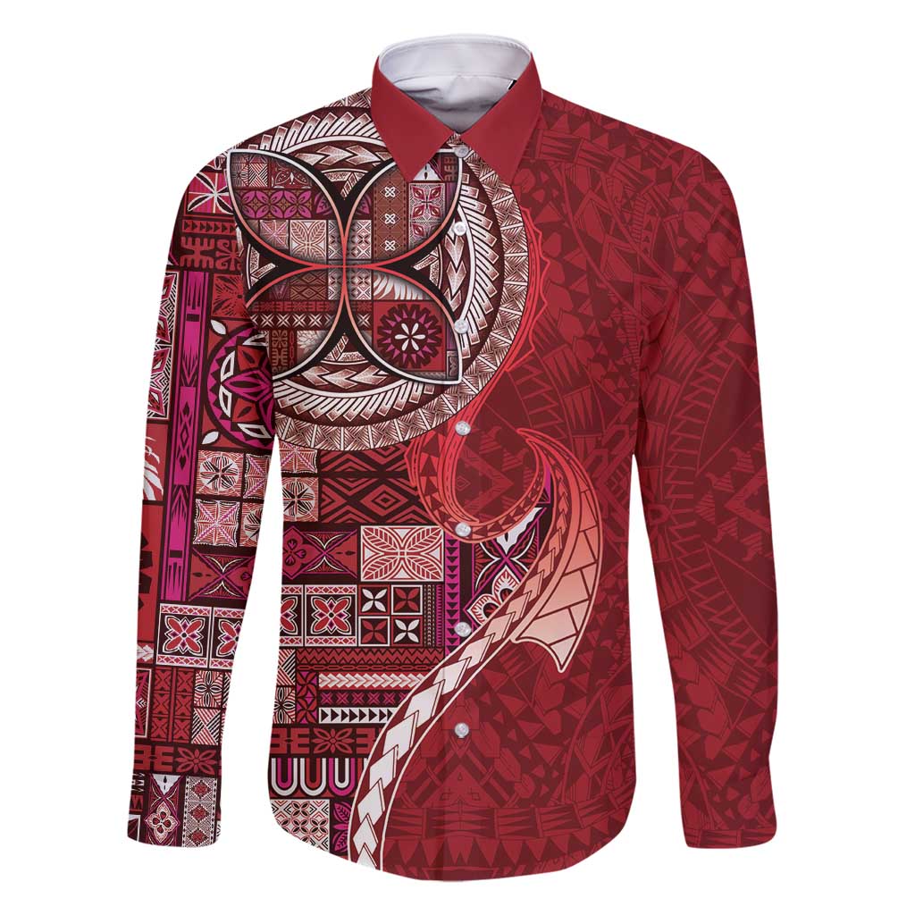 Samoan Siapo Art Tattoo Polynesian Pattern Family Matching Long Sleeve Bodycon Dress and Hawaiian Shirt Red Color LT03 Dad's Shirt - Long Sleeve Red - Polynesian Pride