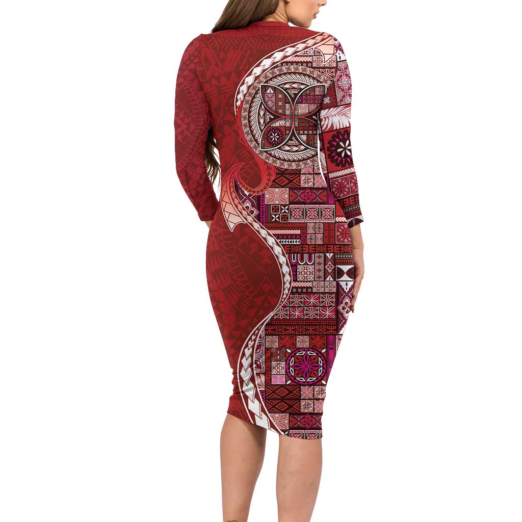 Samoan Siapo Art Tattoo Polynesian Pattern Family Matching Long Sleeve Bodycon Dress and Hawaiian Shirt Red Color LT03 - Polynesian Pride