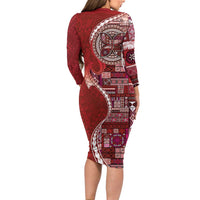 Samoan Siapo Art Tattoo Polynesian Pattern Family Matching Long Sleeve Bodycon Dress and Hawaiian Shirt Red Color LT03 - Polynesian Pride