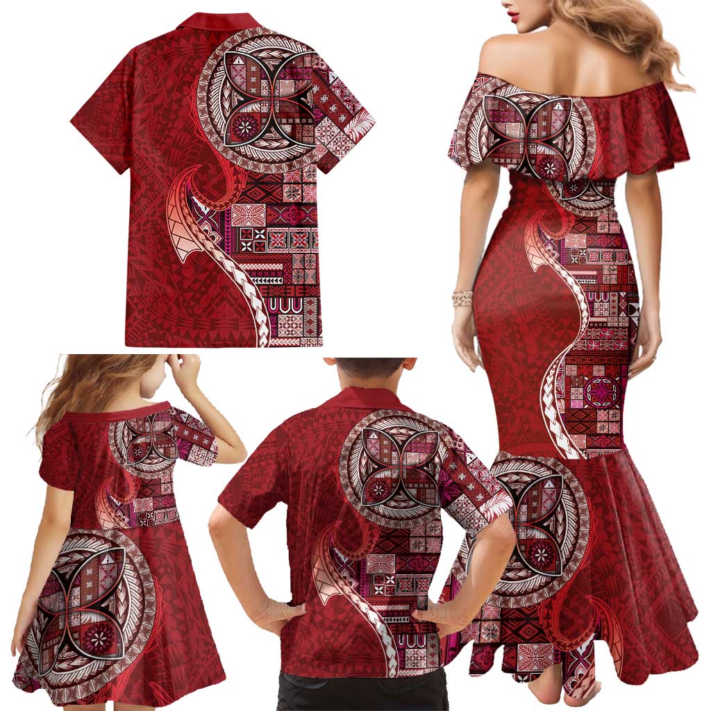 Samoan Siapo Art Tattoo Polynesian Pattern Family Matching Mermaid Dress and Hawaiian Shirt Red Color LT03 - Polynesian Pride