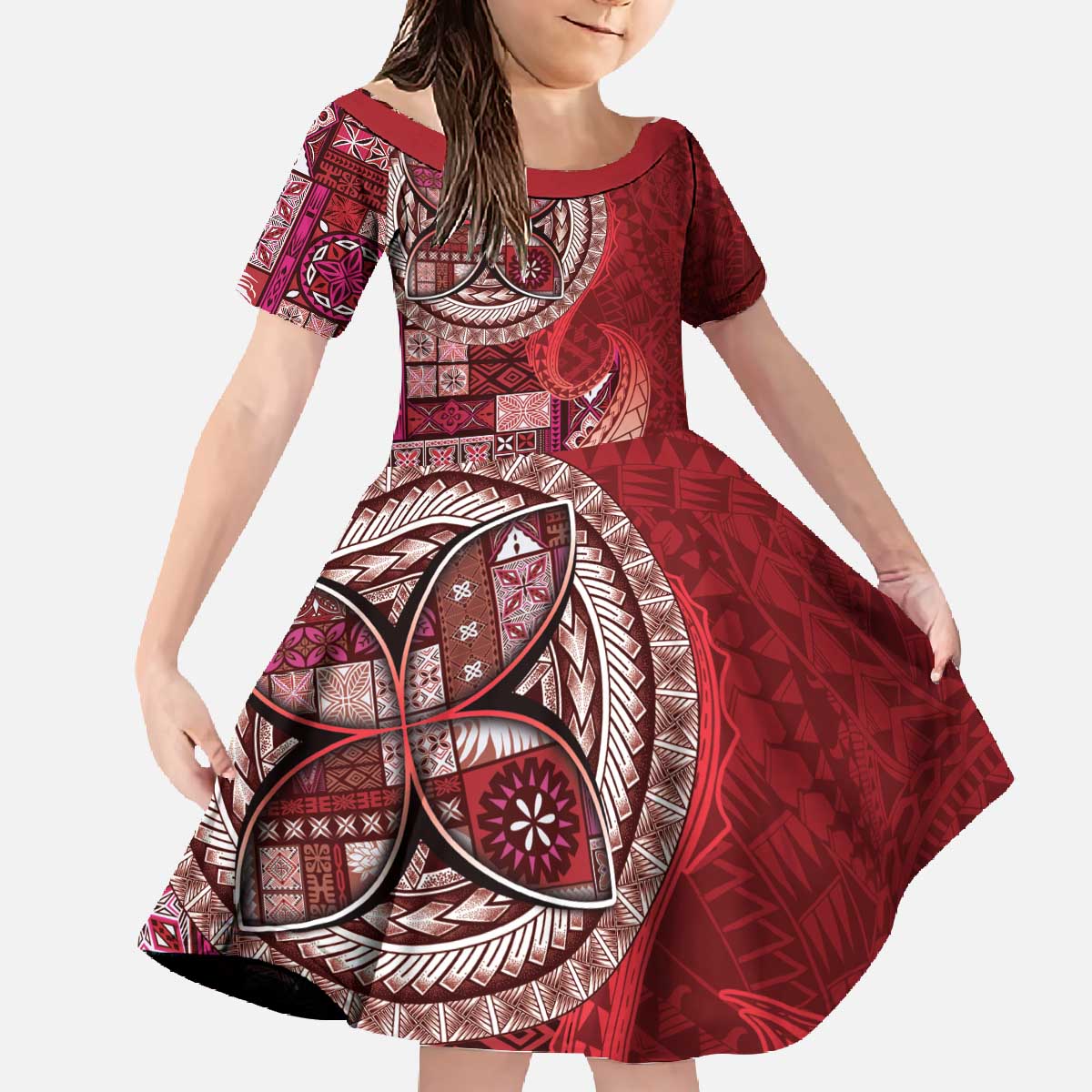 Samoan Siapo Art Tattoo Polynesian Pattern Family Matching Off The Shoulder Long Sleeve Dress and Hawaiian Shirt Red Color LT03 Daughter's Dress Red - Polynesian Pride