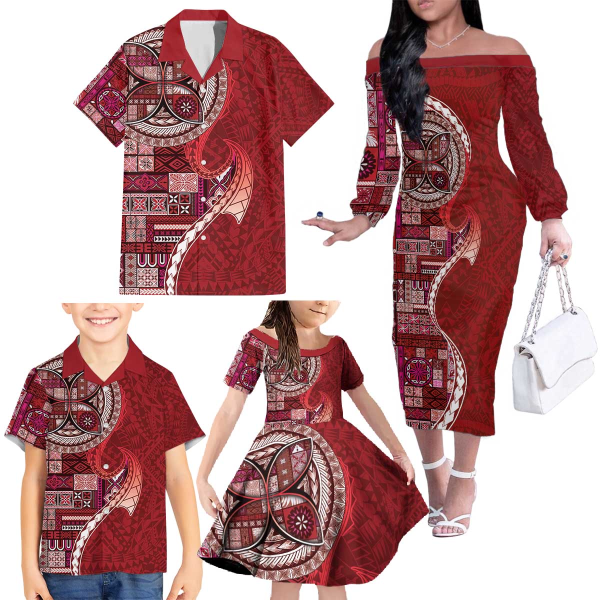 Samoan Siapo Art Tattoo Polynesian Pattern Family Matching Off The Shoulder Long Sleeve Dress and Hawaiian Shirt Red Color LT03 - Polynesian Pride