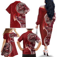 Samoan Siapo Art Tattoo Polynesian Pattern Family Matching Off The Shoulder Long Sleeve Dress and Hawaiian Shirt Red Color LT03 - Polynesian Pride