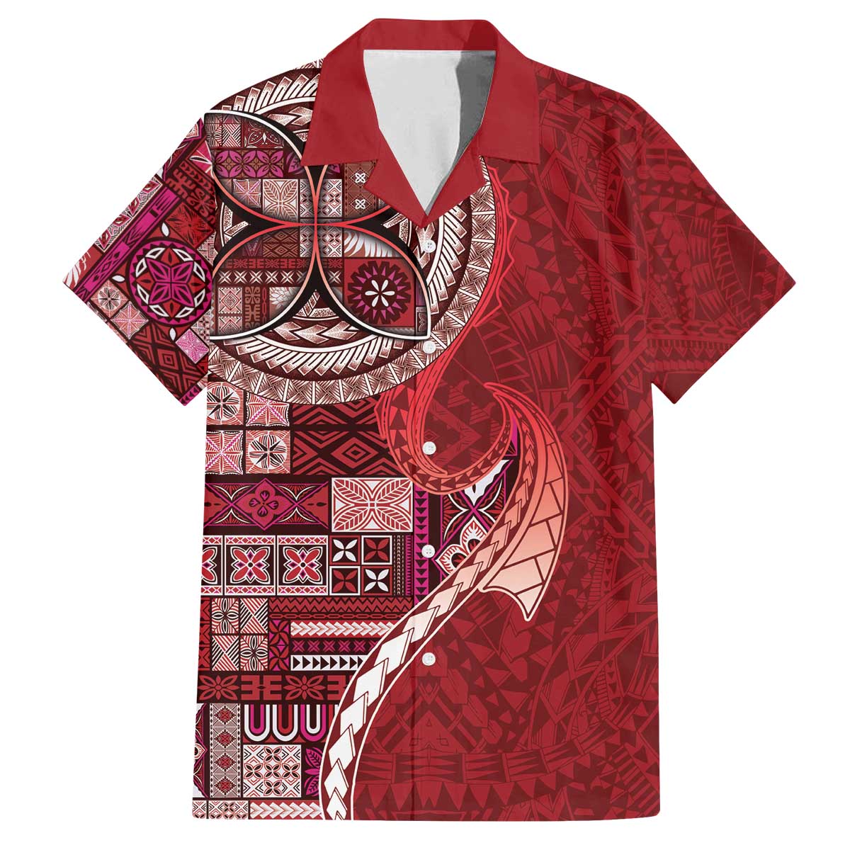 Samoan Siapo Art Tattoo Polynesian Pattern Family Matching Off The Shoulder Long Sleeve Dress and Hawaiian Shirt Red Color LT03 Dad's Shirt - Short Sleeve Red - Polynesian Pride