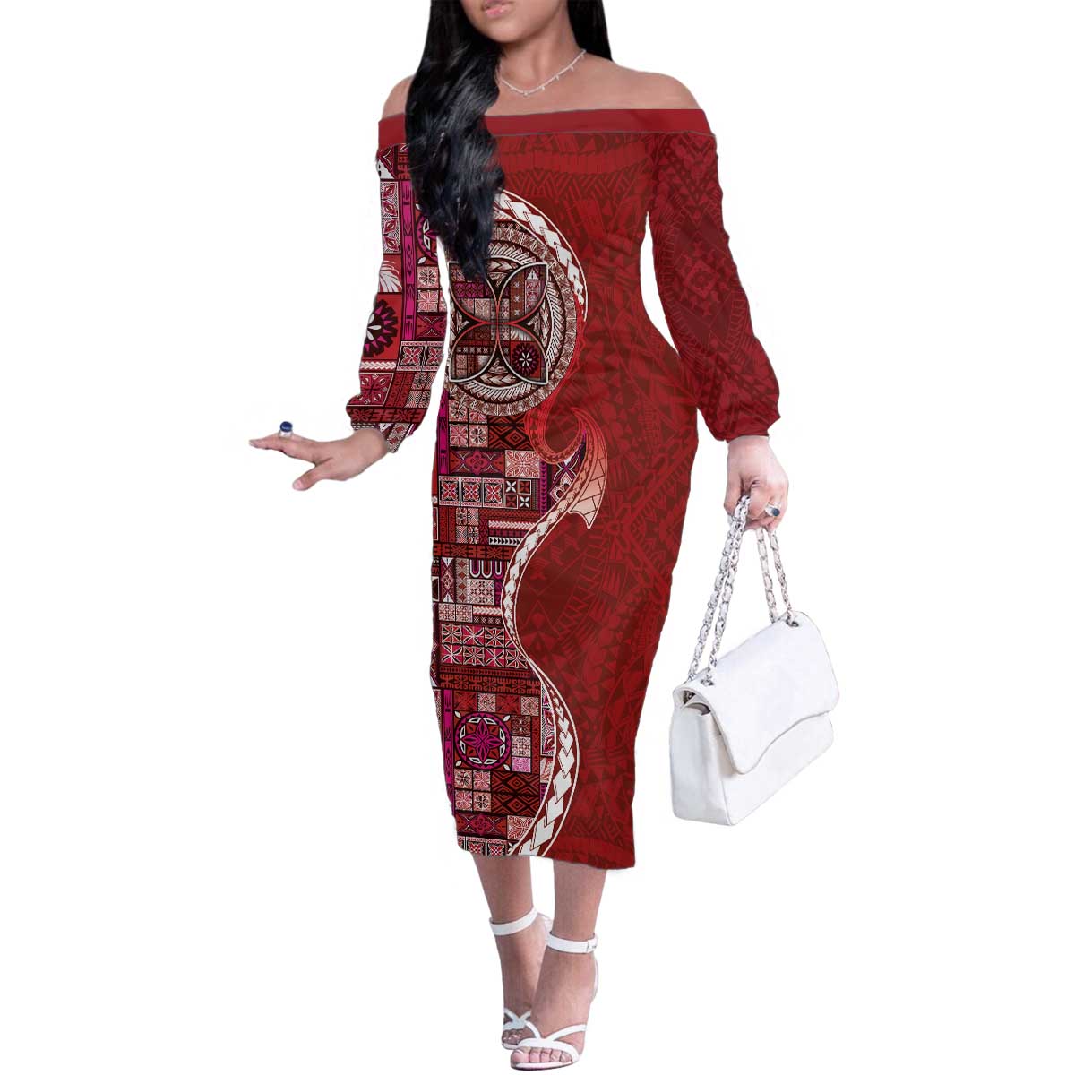 Samoan Siapo Art Tattoo Polynesian Pattern Family Matching Off The Shoulder Long Sleeve Dress and Hawaiian Shirt Red Color LT03 Mom's Dress Red - Polynesian Pride