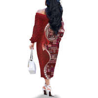 Samoan Siapo Art Tattoo Polynesian Pattern Family Matching Off The Shoulder Long Sleeve Dress and Hawaiian Shirt Red Color LT03 - Polynesian Pride