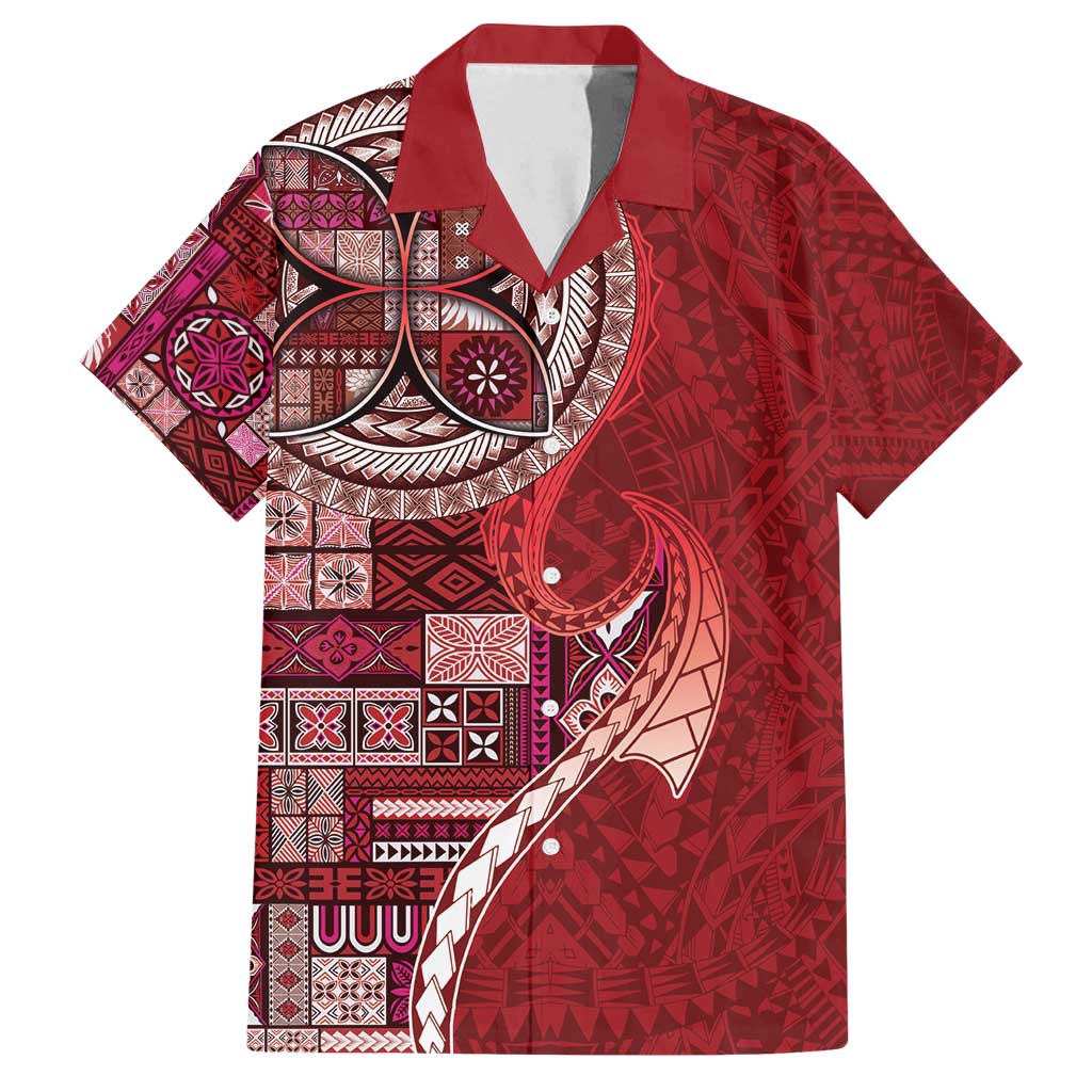 Samoan Siapo Art Tattoo Polynesian Pattern Family Matching Off Shoulder Maxi Dress and Hawaiian Shirt Red Color - Polynesian Pride